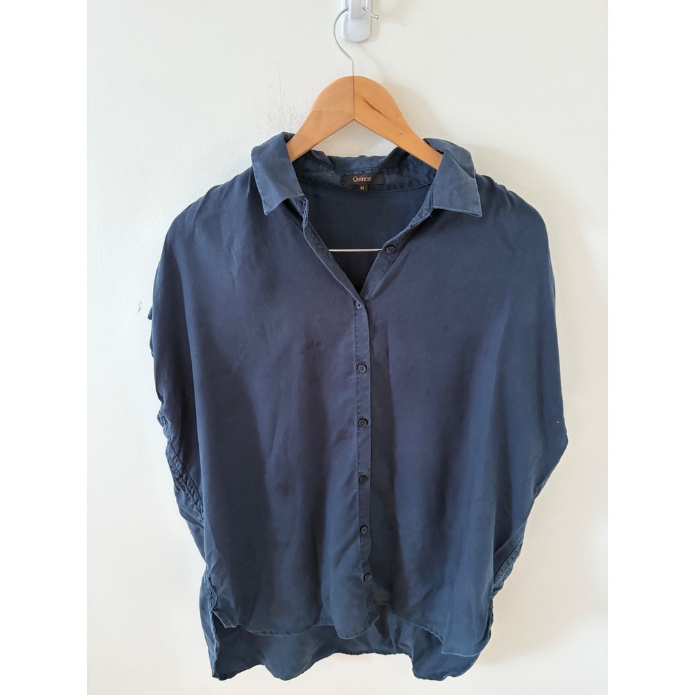 Quince Navy Blue 100% Tencel Lyocell Short Sleeve Button Down Shirt Size M